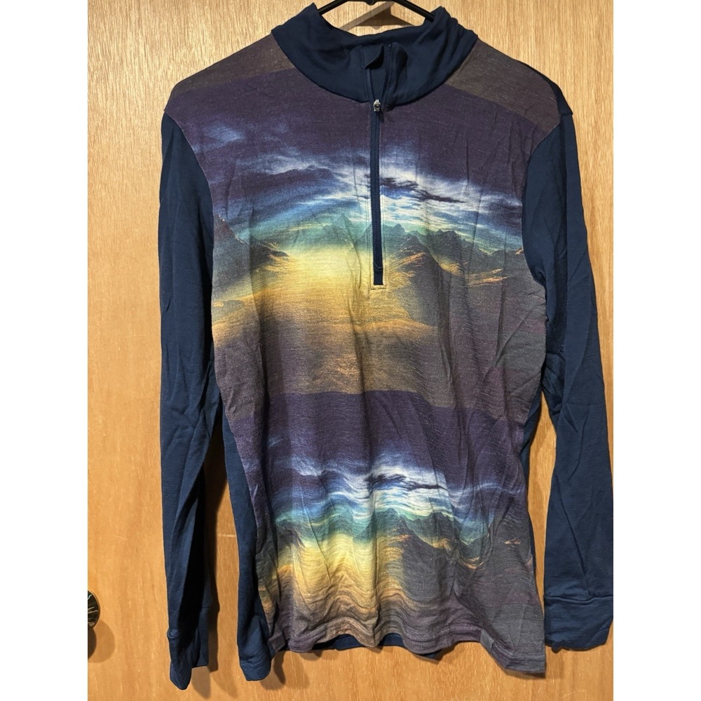 Helly Hansen Mens Large Merino Wool 1/2 Zip Mountain Graphic Base Layer Blue (X1